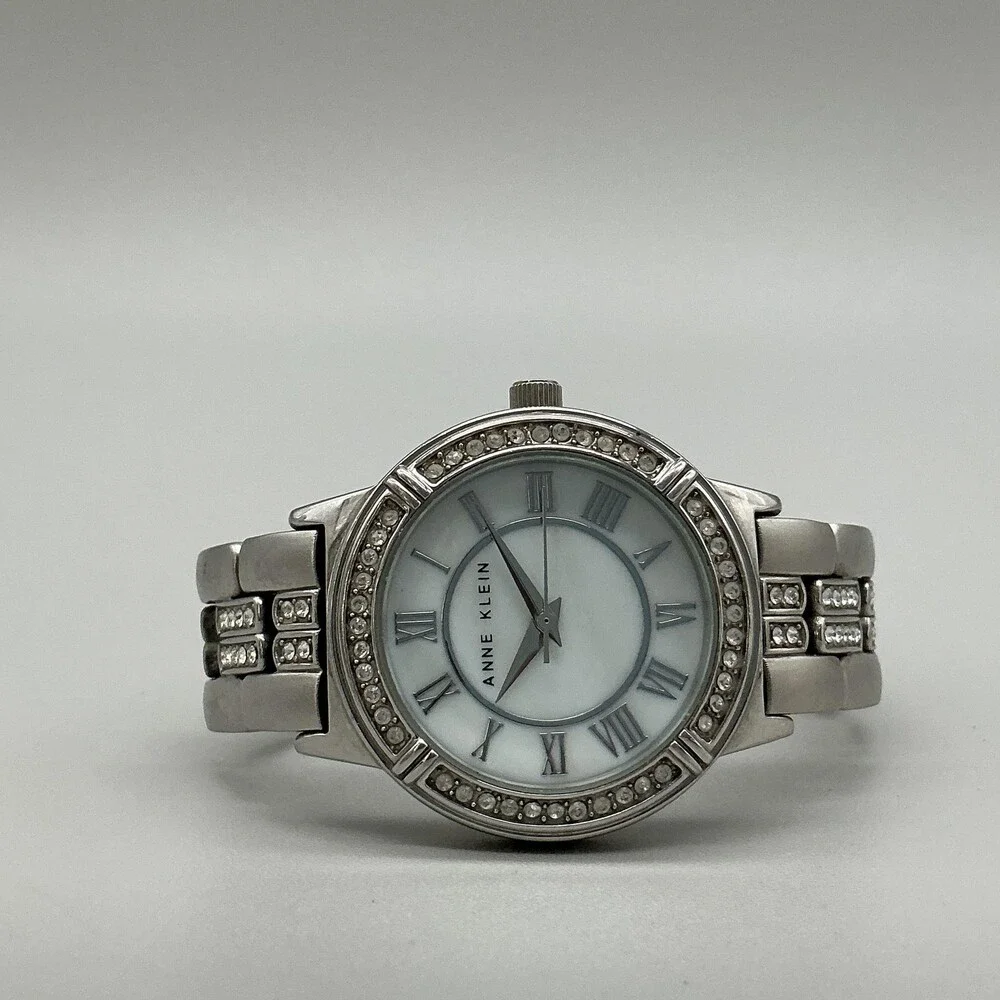 Anne Klein AK/1207 Womens Watch 32mm MOP Silver Tone Crystal New Battery 6.5